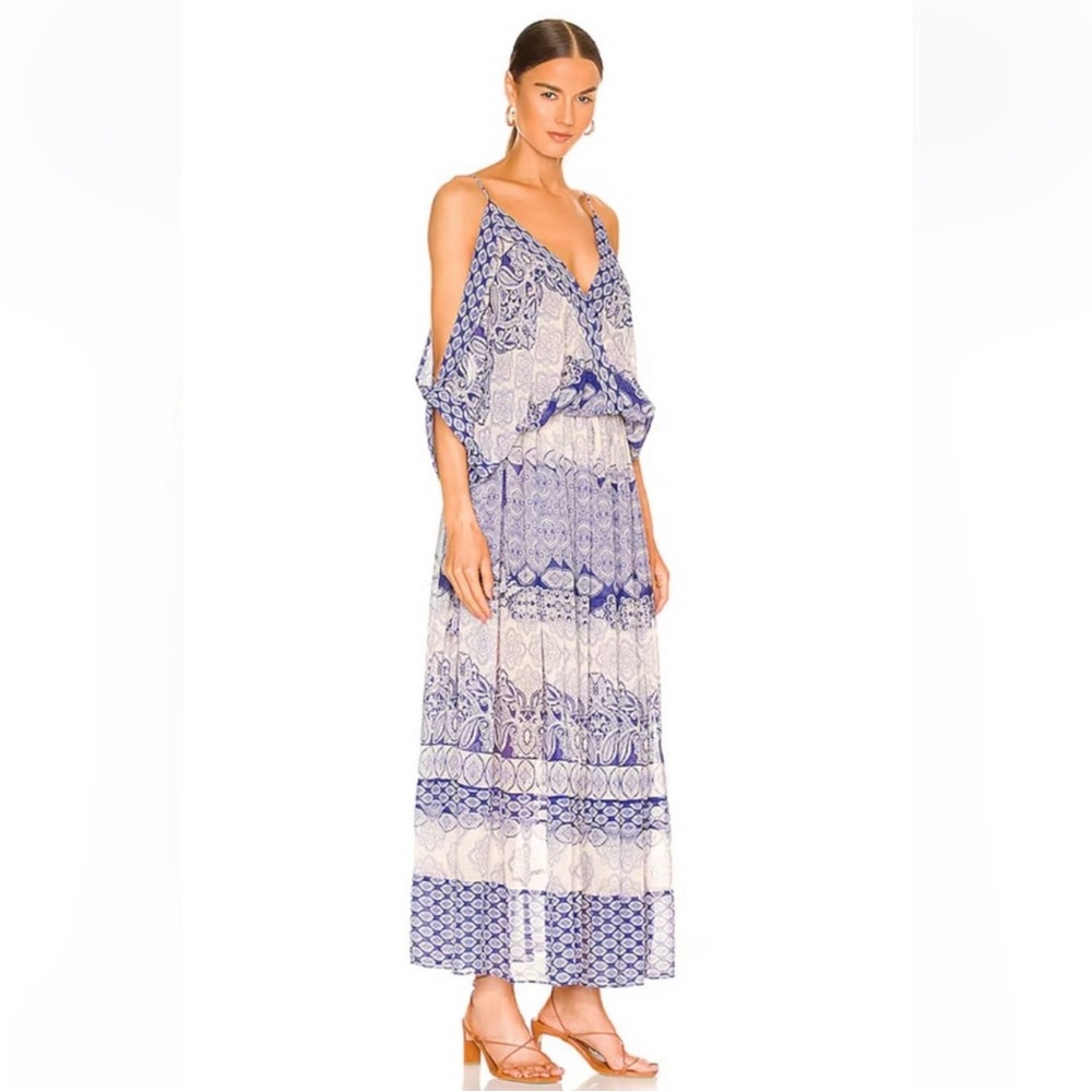 Misa Los Angeles, maxi dress, Farrah cold shoulder blue paisley print